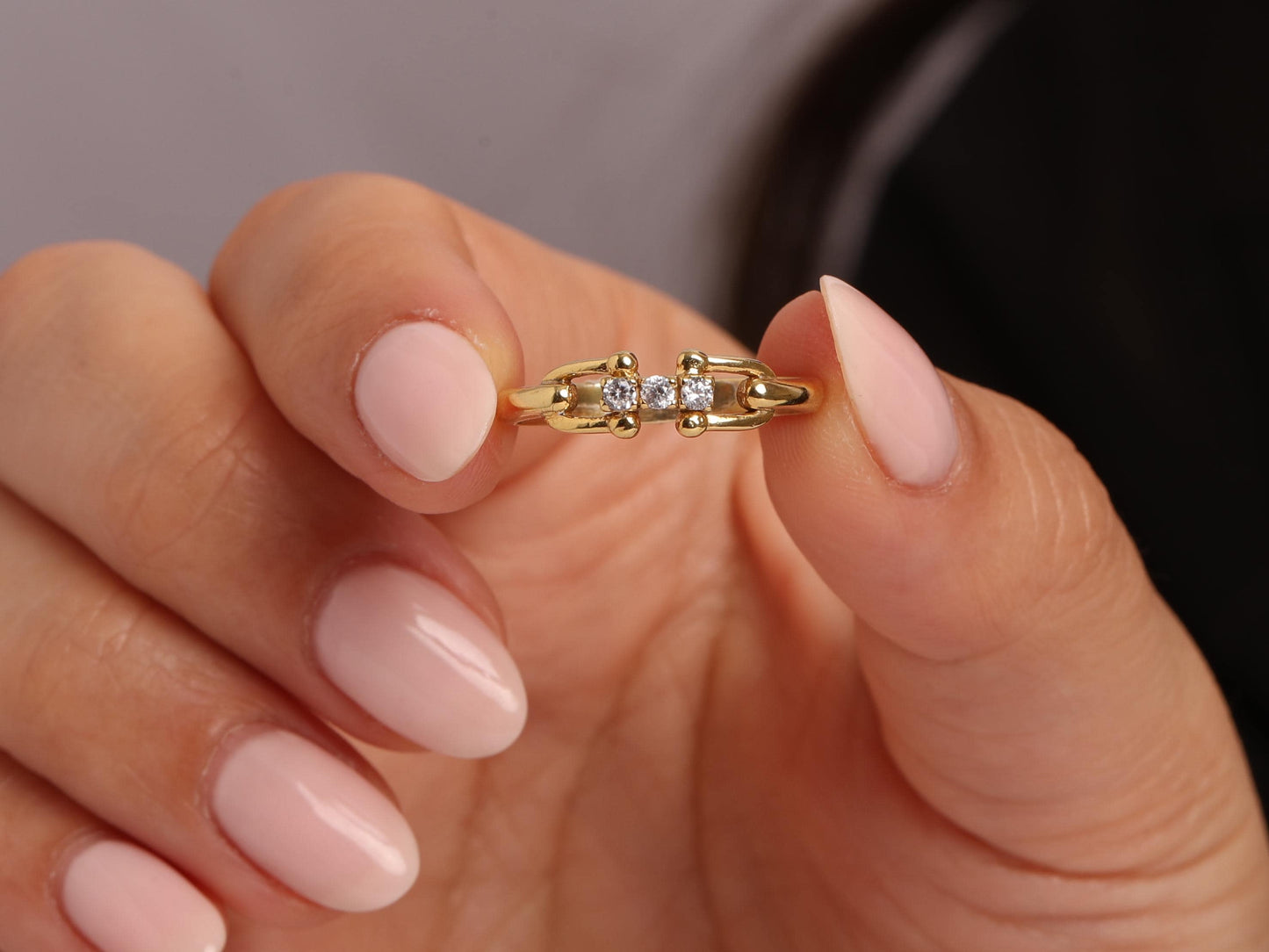 14K Gold Paperclip Ring with Lab Diamonds – Dainty Chain Link Band, Minimalist Stacking Gold Ring, Real Solid Gold Gift for Her