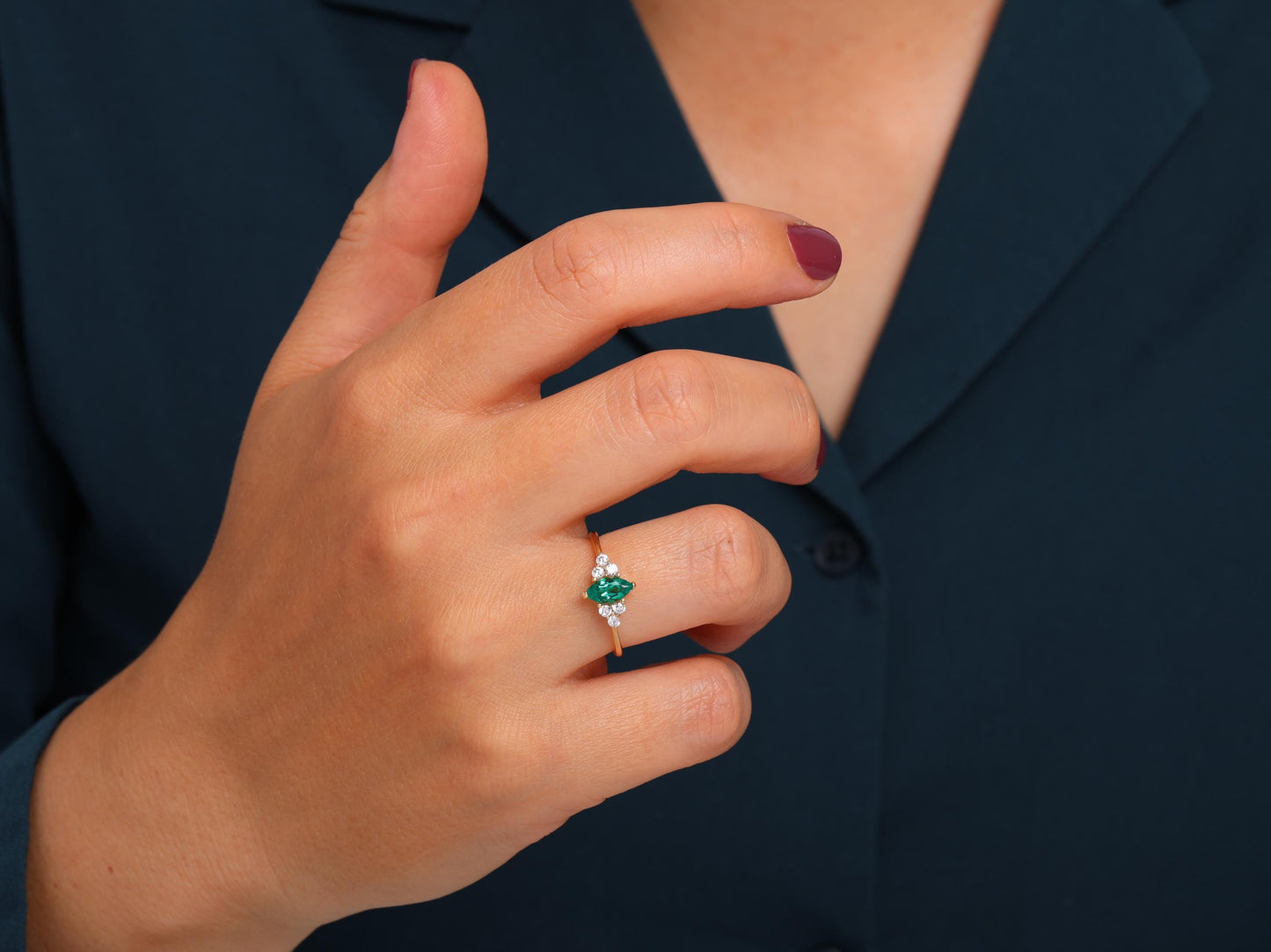 14K Marquise Emerald Ring – Dainty Diamond Accent Band for Stacking or Engagement – Elegant Gift for Her – Also in Ruby, Sapphire, Amethyst