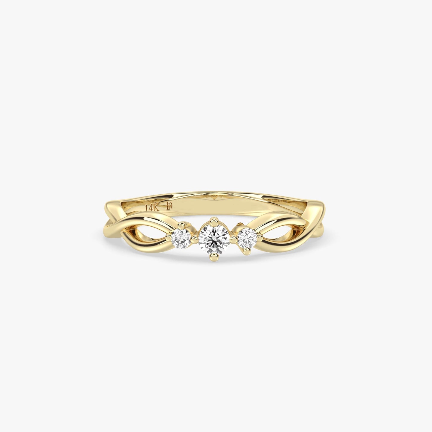 14K Gold Three-Stone Twist Ring – Lab Grown Round Diamond Band with Curved Design, Dainty Stacking or Promise Ring, Gold Jewelry for Her