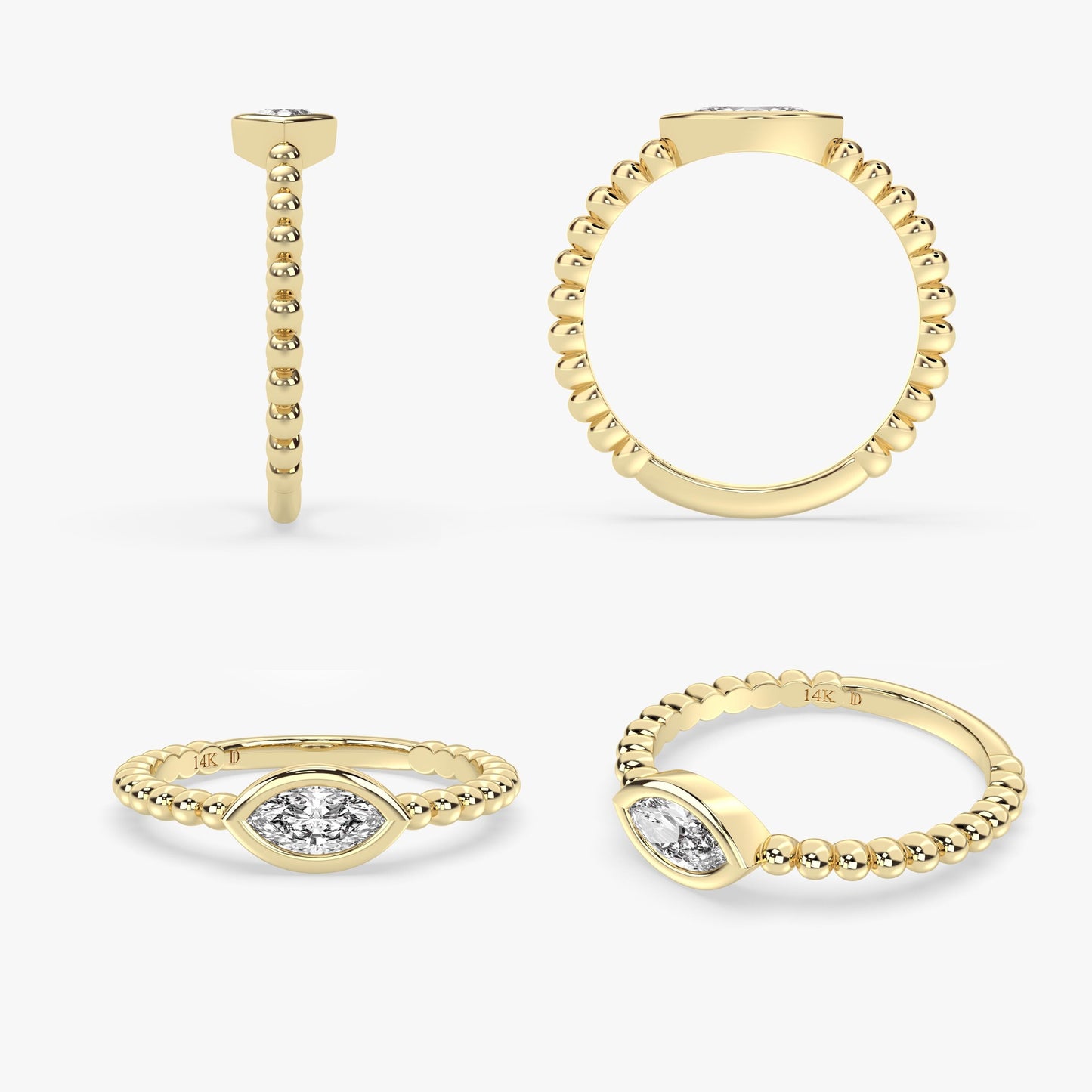 Beaded Marquise Diamond Ring in 14K Gold – Lab Grown Bezel Set Stone, Dainty Eye Ring with Textured Band, Minimalist Stacking Gift Jewellery