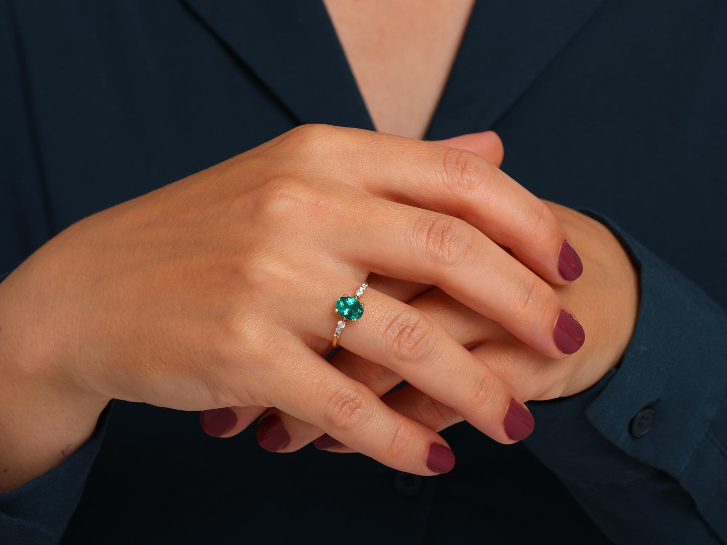Oval Emerald Ring with Diamond Accents – 14K Yellow, White or Rose – Dainty Engagement or Stacking Gift for Her – Ruby, Sapphire, Amethyst