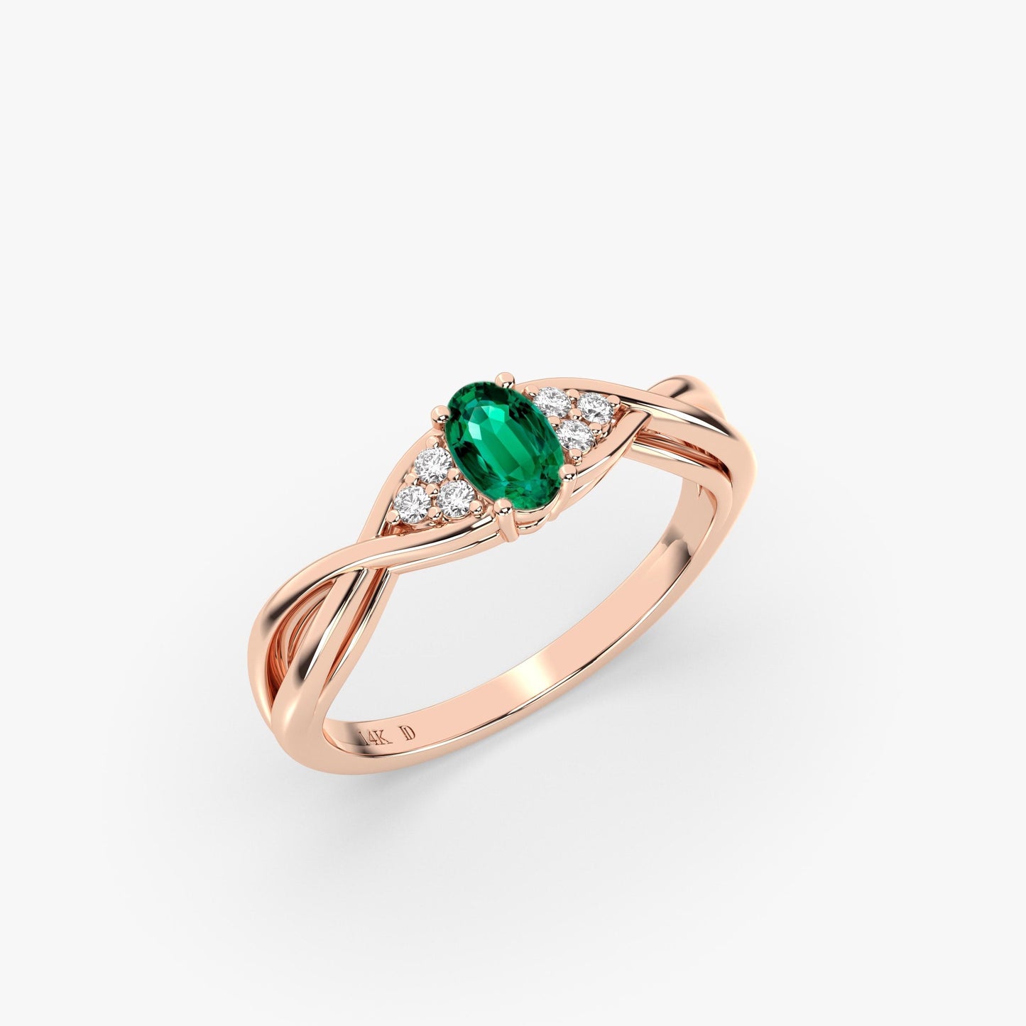 14K Gold Emerald Ring – Oval Lab-Grown Gemstone with Diamond Accents – Twisted Band Fine Jewelry – Ruby, Sapphire, Amethyst Ring
