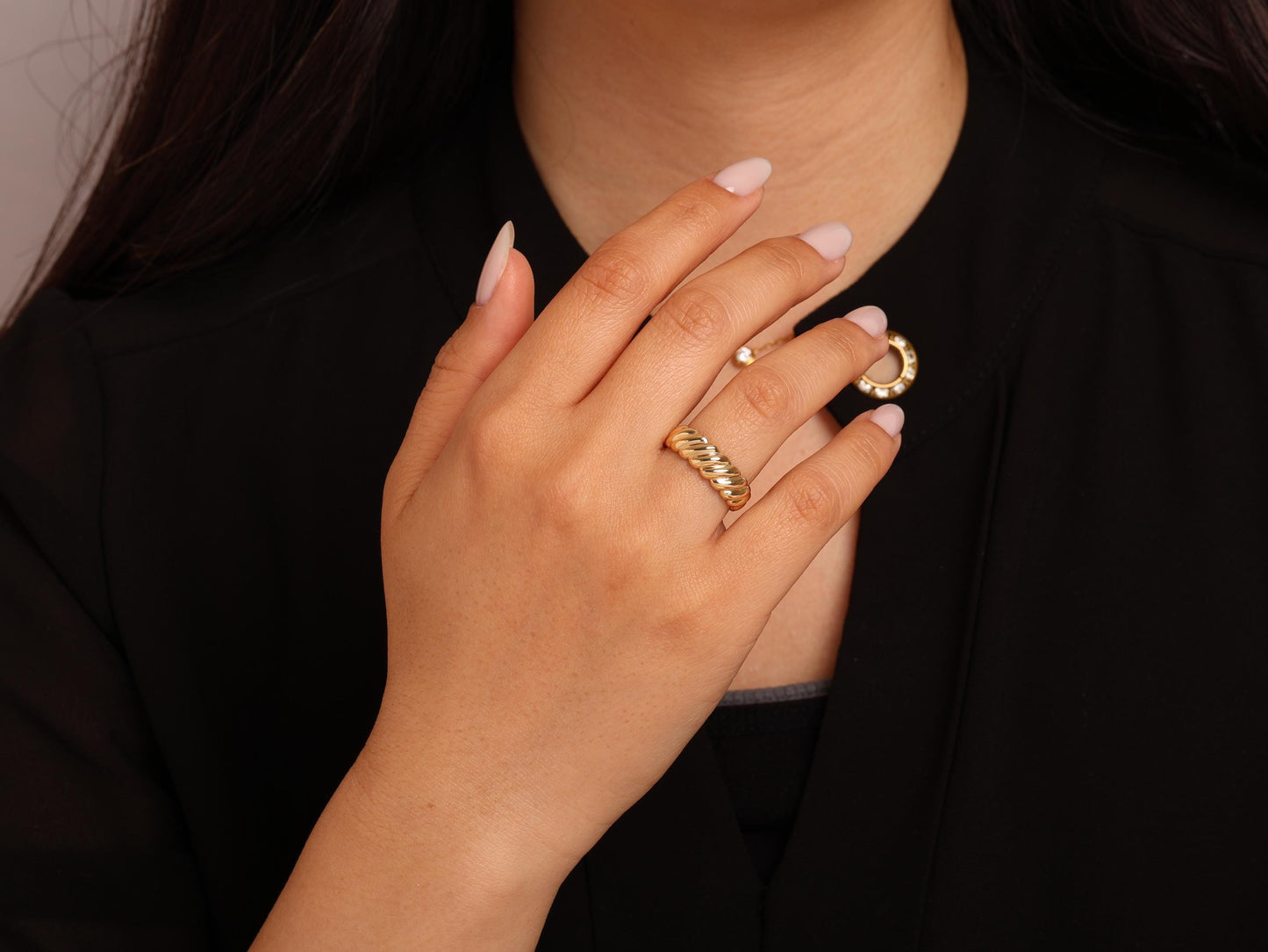 14K Gold Bold Twisted Rope Band, Croissant Dome Ring, Chunky Solid Gold Statement Ring for Women, Elegant Everyday Jewellery Gift for Her