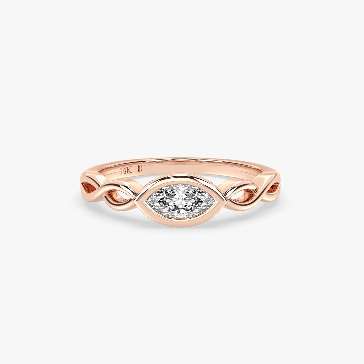 Marquise Diamond Ring in 14K Gold – Lab Grown Bezel Set Stone, Twisted Gold Band, Unique Minimalist Wedding or Stacking Ring, Gift for Her