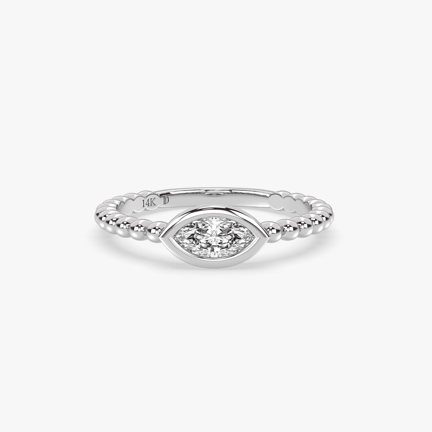 Beaded Marquise Diamond Ring in 14K Gold – Lab Grown Bezel Set Stone, Dainty Eye Ring with Textured Band, Minimalist Stacking Gift Jewellery