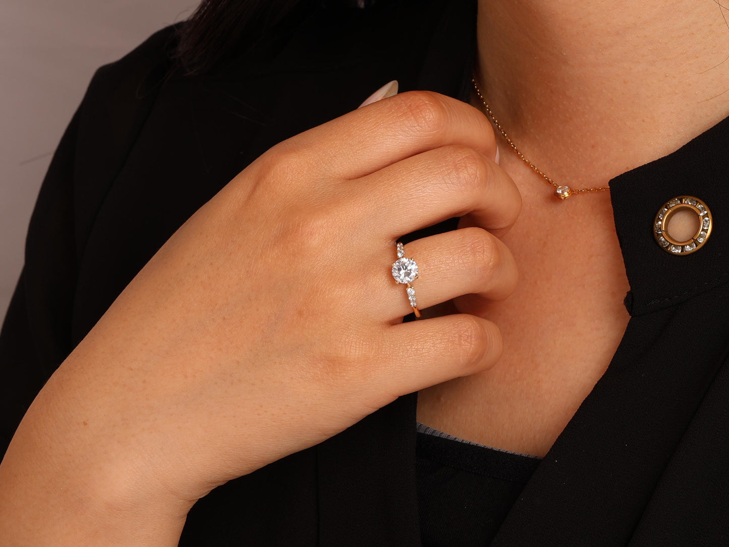 14K Gold Round Diamond Ring – Elegant Bridal Lab Grown Solitaire with Side Stones, Perfect for Engagements or Meaningful Milestone Gifts