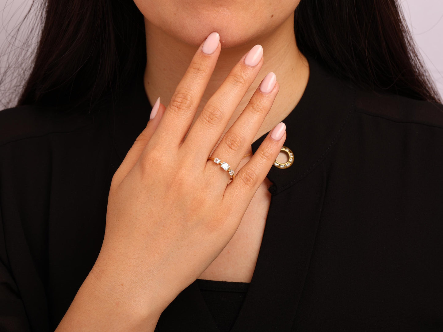 14K Gold Princess Cut Diamond Ring – Lab Grown Three Stone Ring, Minimalist Square Diamond Band, Dainty Solid Gold Engagement Ring