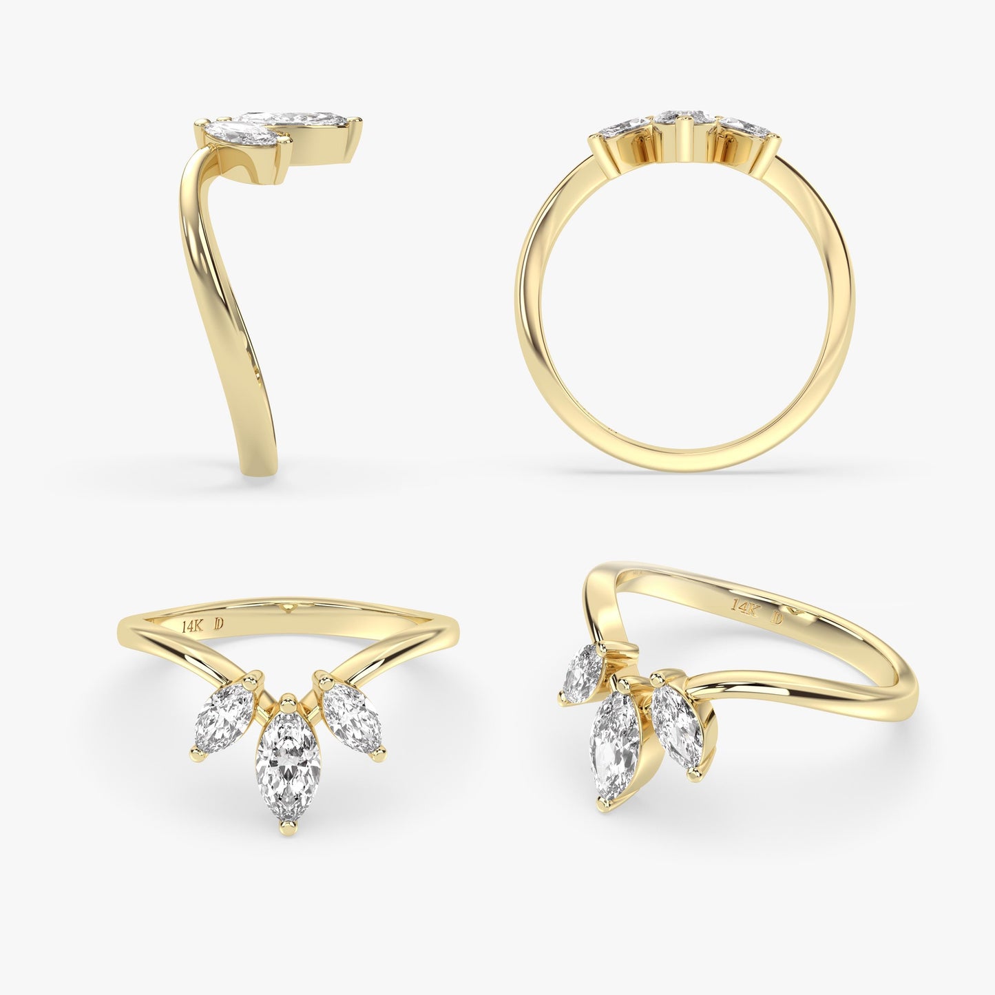 Triple Marquise Diamond Ring in 14K Gold – Lab Grown V-Shape Chevron Ring, Stacking Engagement Band, Minimalist Solid Gold Gift for Her
