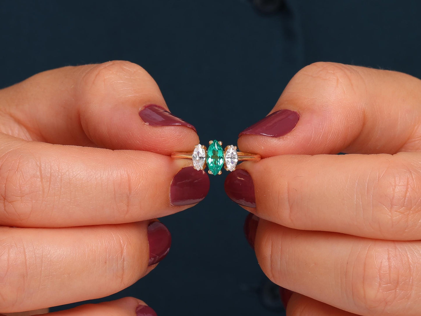 Marquise Emerald Engagement Ring, Three Stone Diamond Setting in 14K Yellow, White,Rose, Dainty Stacking Gift Ring, Ruby, Sapphire, Amethyst