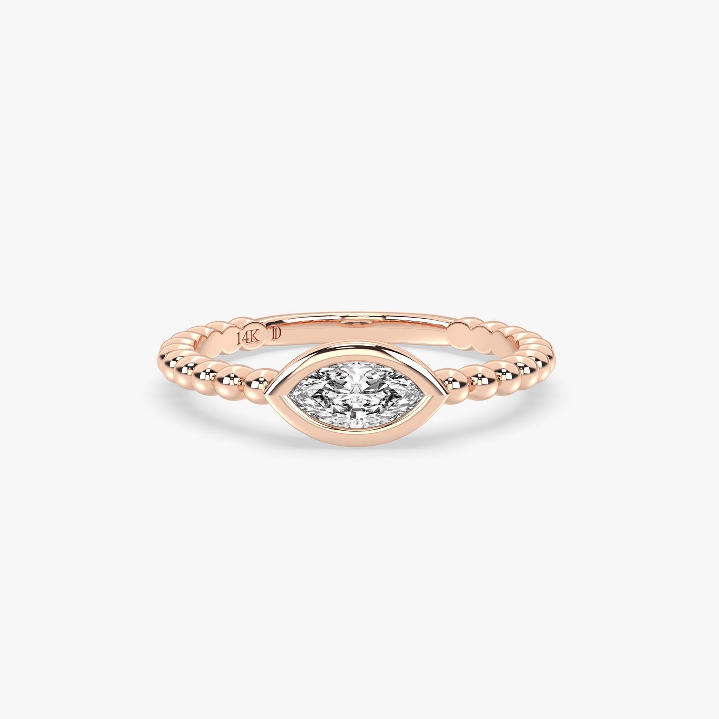 Beaded Marquise Diamond Ring in 14K Gold – Lab Grown Bezel Set Stone, Dainty Eye Ring with Textured Band, Minimalist Stacking Gift Jewellery