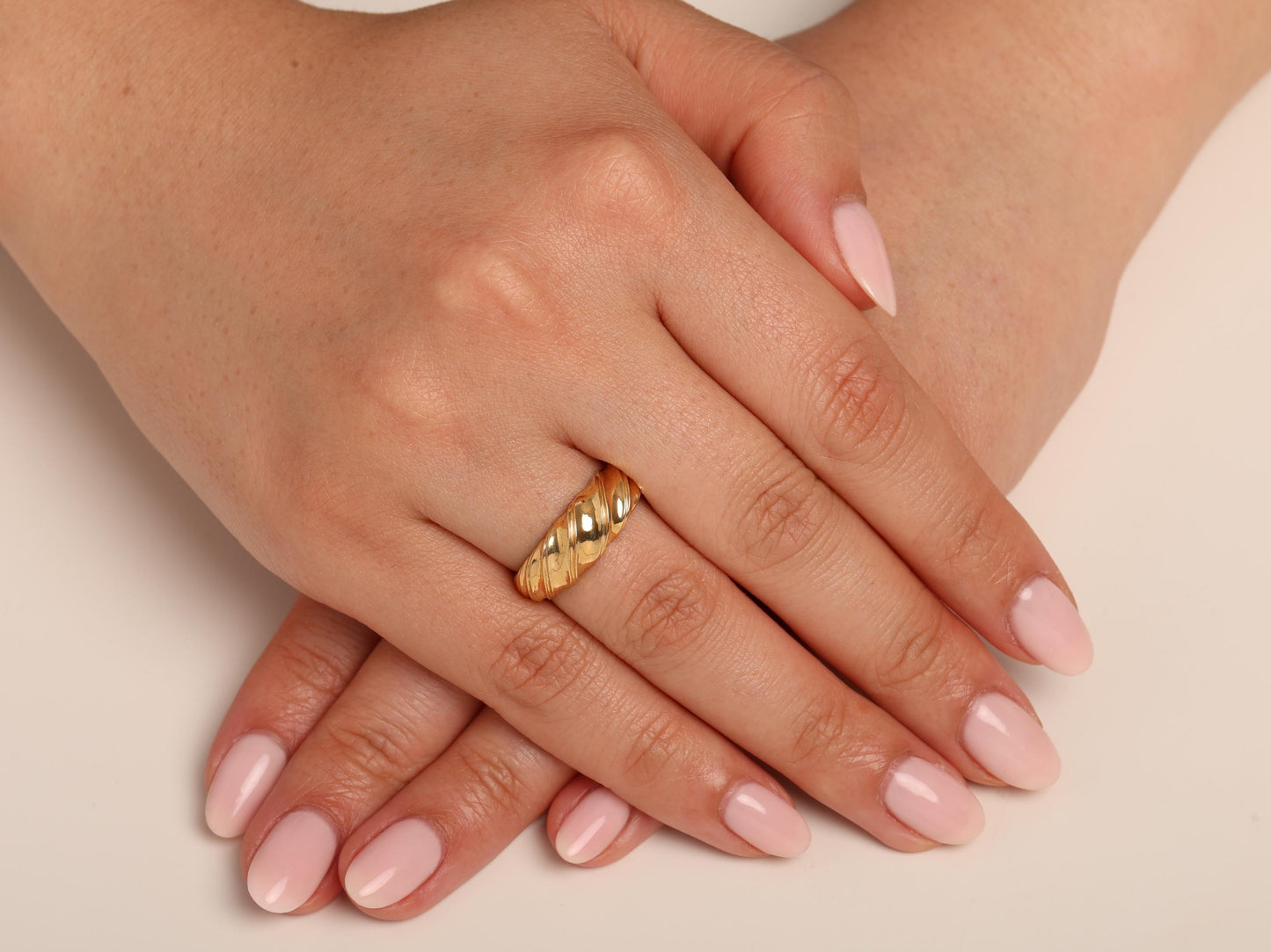 14K Gold Bold Dome Ring with Swirl Texture – Sculptural Statement Band for Everyday Chic, Cocktail Style, or Elegant Stacking Ring Look