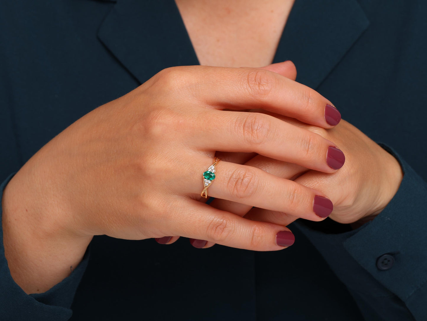 14K Gold Emerald Ring – Oval Lab-Grown Gemstone with Diamond Accents – Twisted Band Fine Jewelry – Ruby, Sapphire, Amethyst Ring