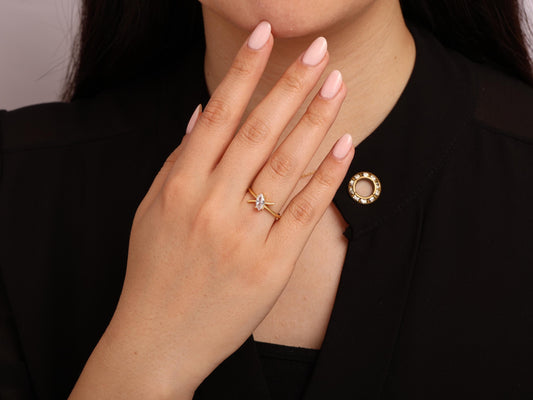 Marquise Diamond Ring in 14K Gold – Lab Grown Stone, Criss Cross Band Design, Minimalist Stacking Ring, Elegant Promise or Gift Jewellery
