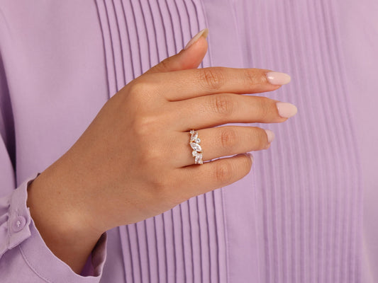 Marquise Leaf Diamond Ring in 14K Gold – Lab Grown Marquise and Round Stones, Elegant Nature-Inspired Statement Ring, Unique Gift for Her