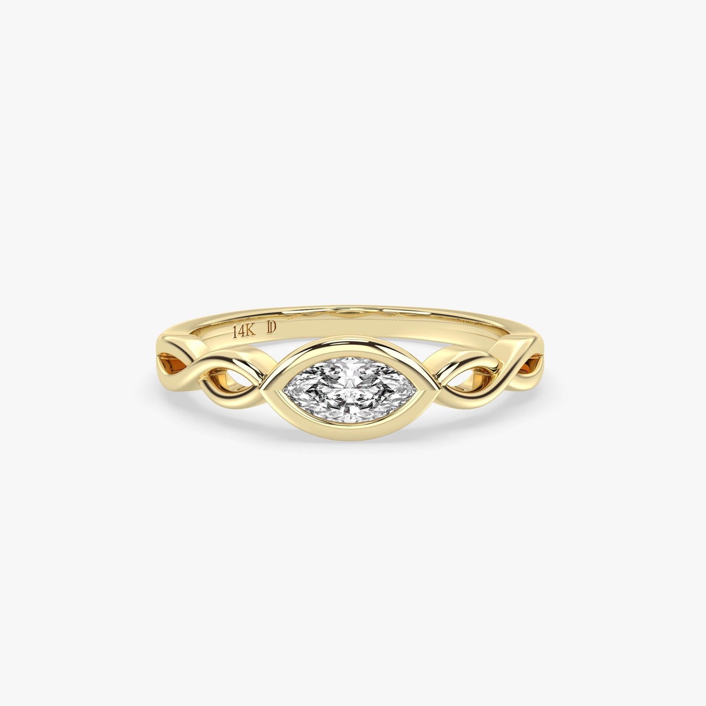 Marquise Diamond Ring in 14K Gold – Lab Grown Bezel Set Stone, Twisted Gold Band, Unique Minimalist Wedding or Stacking Ring, Gift for Her
