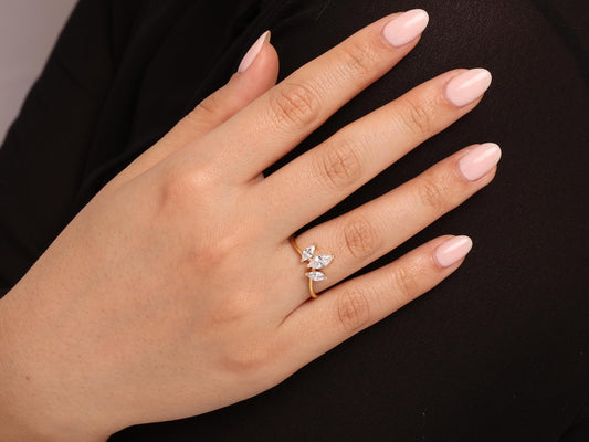 Triple Marquise Diamond Ring in 14K Gold – Lab Grown V-Shape Chevron Ring, Stacking Engagement Band, Minimalist Solid Gold Gift for Her