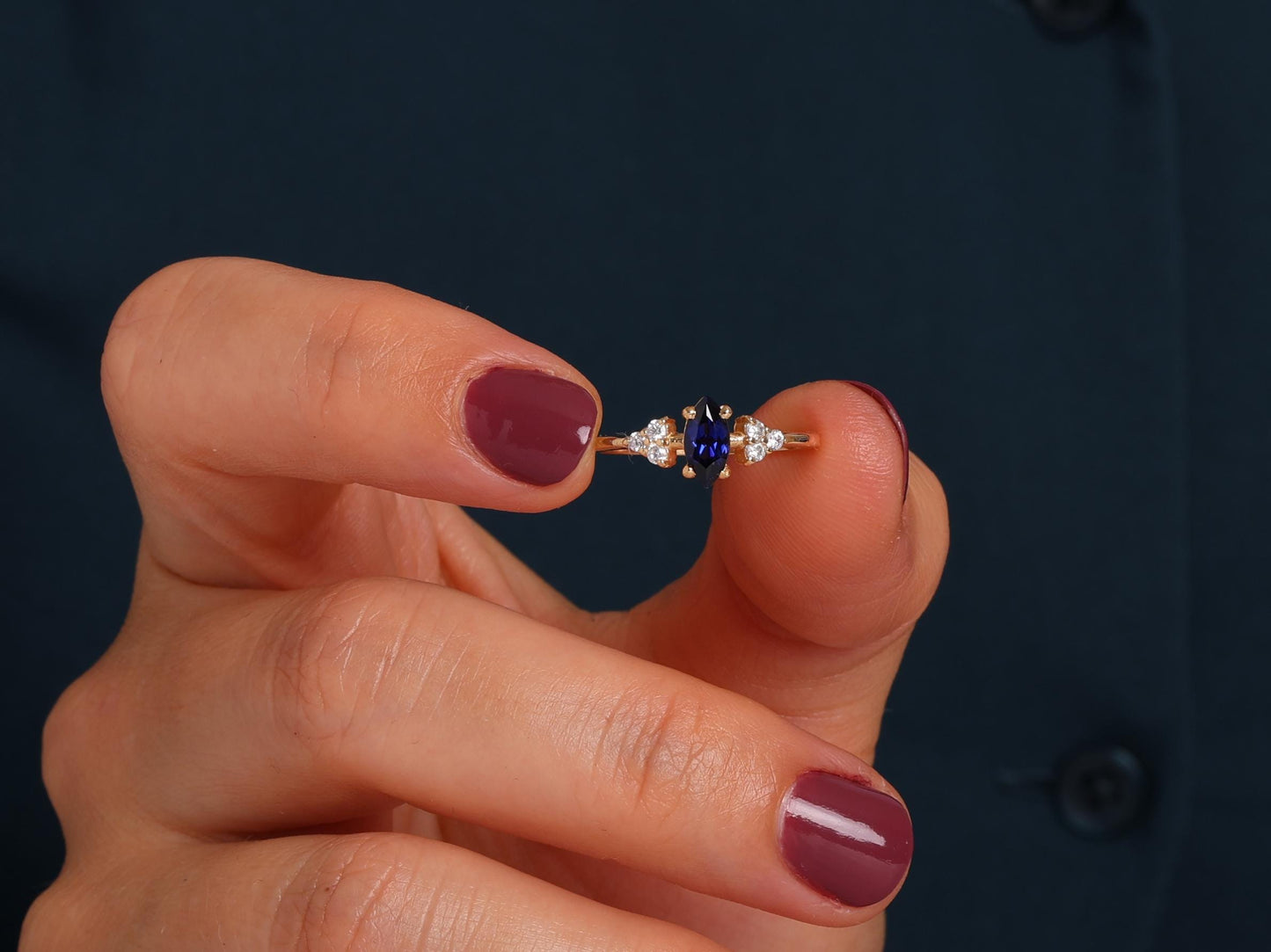 Dainty Marquise Sapphire Ring in 14K Gold – Diamond Cluster Ring for Promise Gift or Stacking – Also in Emerald, Ruby, Amethyst Gemstones