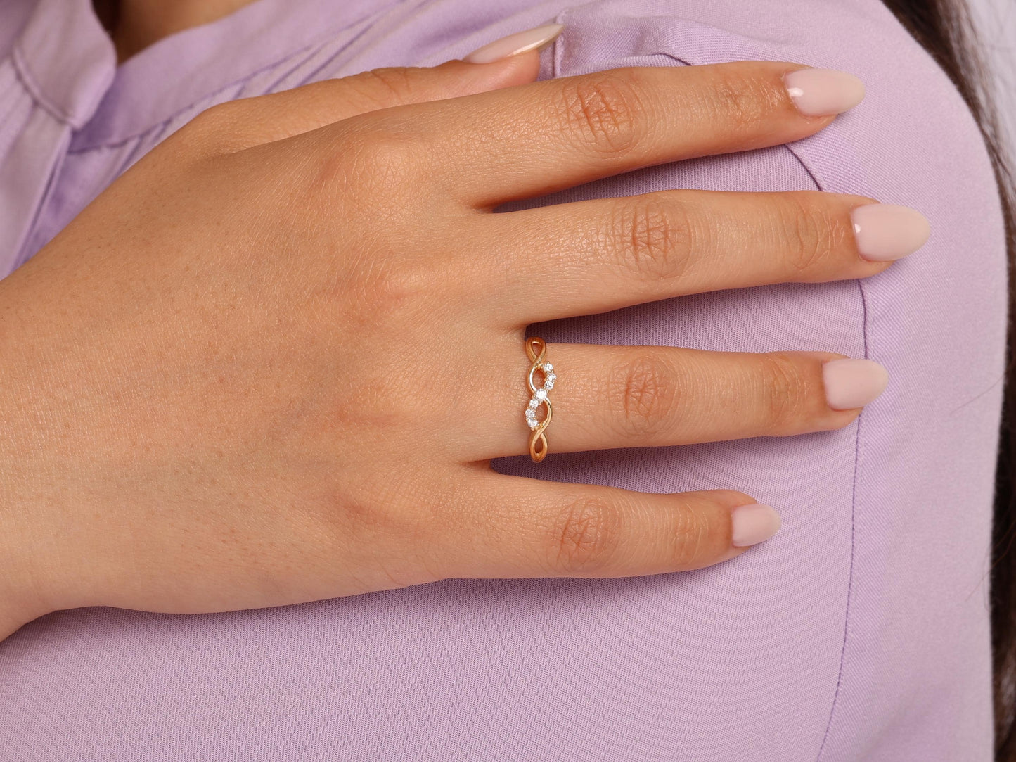 14K Gold Twisted Diamond Ring – Dainty Lab Grown Round Stones, Delicate Solid Gold Band, Minimalist Wedding or Promise Ring, Gift for Her