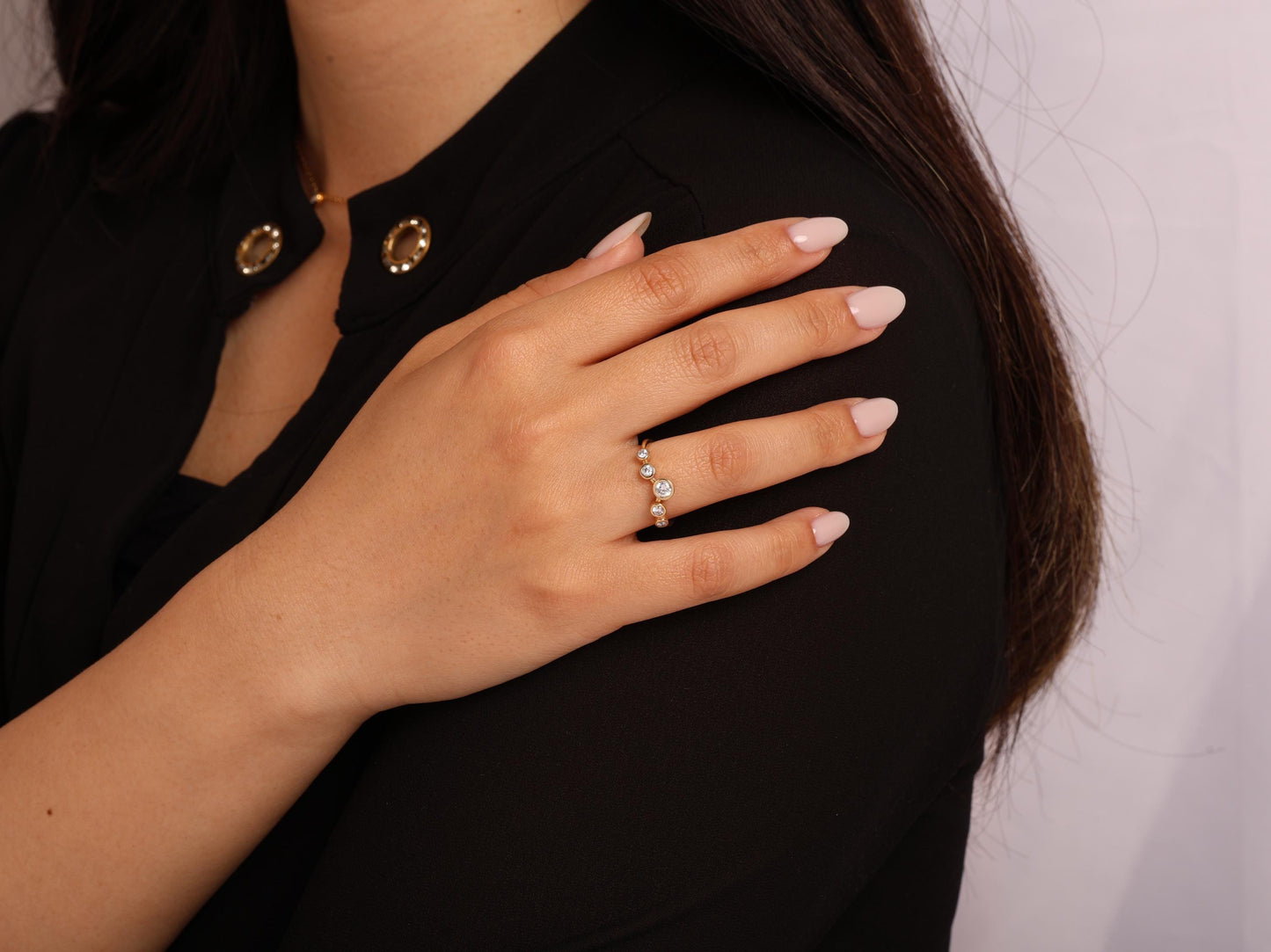 14K Gold Bezel Diamond Bubble Ring – Five-Stone Lab Diamond Band, Elegant Solid Gold Stacking Ring, Minimal Modern Jewelry, Gift for Her