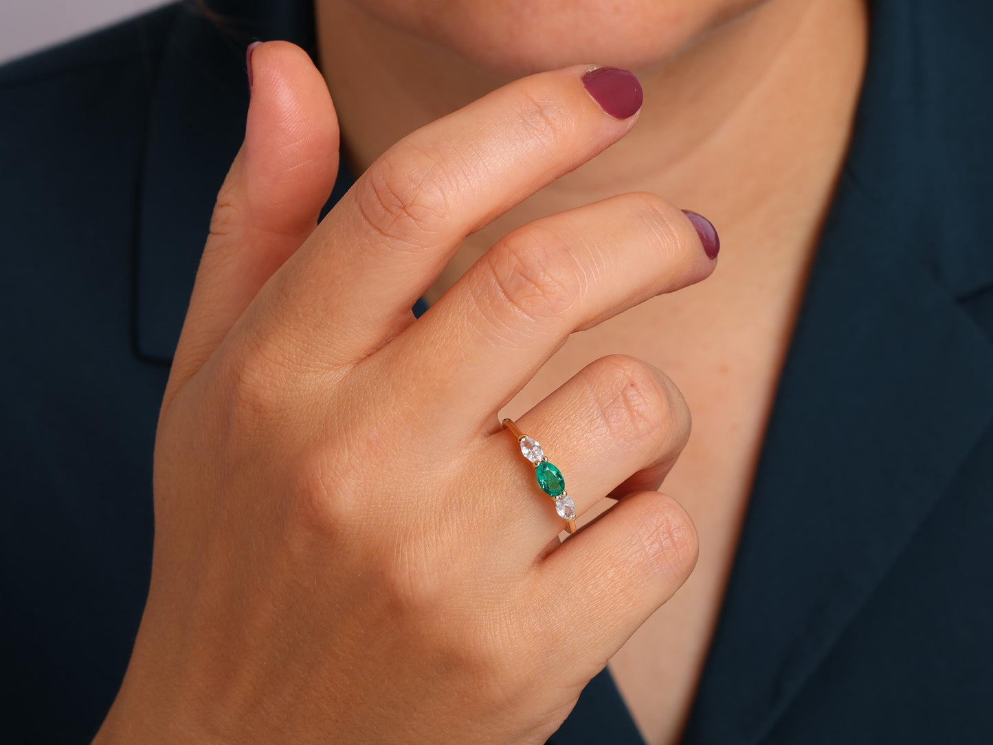 14K Gold Emerald Ring – Oval Lab-Grown Gemstone with Diamond Accents – Dainty Stacking or Promise Ring – Ruby, Sapphire, Amethyst