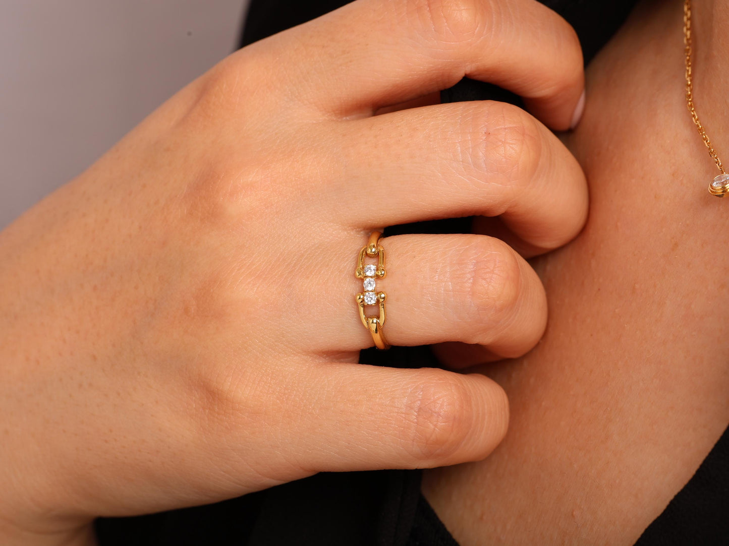 14K Gold Paperclip Ring with Lab Diamonds – Dainty Chain Link Band, Minimalist Stacking Gold Ring, Real Solid Gold Gift for Her