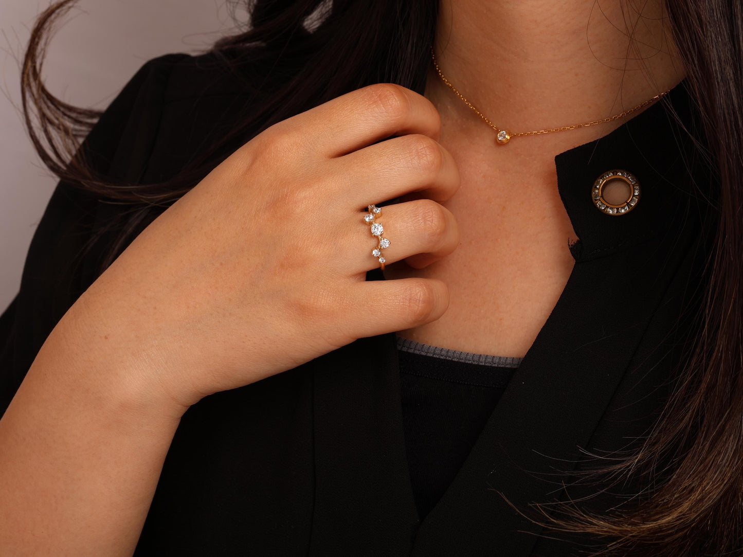 Diamond Cluster Ring in 14K Gold – Lab Grown Round Stones in Nature-Inspired Design, Dainty Stacking Ring or Elegant Minimalist Gift for Her