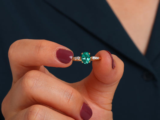 Oval Emerald Ring with Diamond Accents – 14K Yellow, White or Rose – Dainty Engagement or Stacking Gift for Her – Ruby, Sapphire, Amethyst