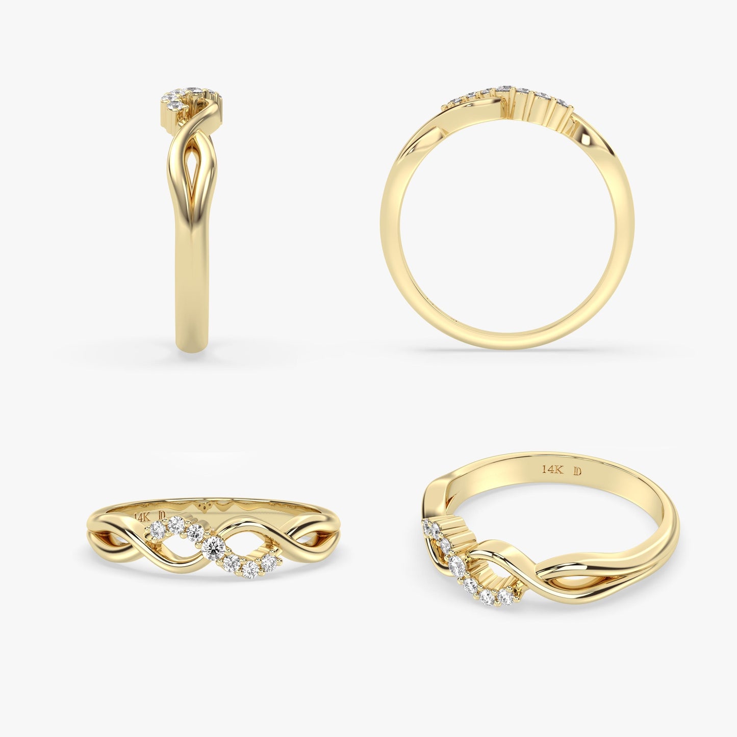 14K Gold Twisted Diamond Ring – Dainty Lab Grown Round Stones, Delicate Solid Gold Band, Minimalist Wedding or Promise Ring, Gift for Her