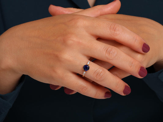 Round Sapphire Engagement Ring – 14K Gold Band with Diamond Accents – Dainty Wedding Gift, Promise or Stacking Ring for Her