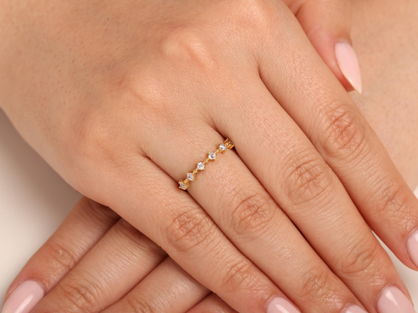 Solid 14K Gold Dainty Ring – Diamond Accent Stacking Band, Thin Minimal Gold Ring for Women, Elegant and Timeless Look