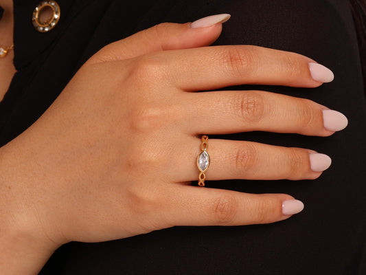 Marquise Diamond Ring in 14K Gold – Lab Grown Bezel Set Stone, Twisted Gold Band, Unique Minimalist Wedding or Stacking Ring, Gift for Her