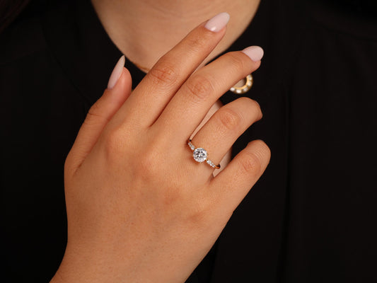 14K Gold Round Diamond Ring – Elegant Bridal Lab Grown Solitaire with Side Stones, Perfect for Engagements or Meaningful Milestone Gifts