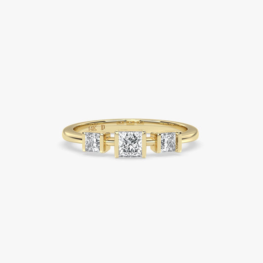 14K Gold Princess Cut Diamond Ring – Lab Grown Three Stone Ring, Minimalist Square Diamond Band, Dainty Solid Gold Engagement Ring