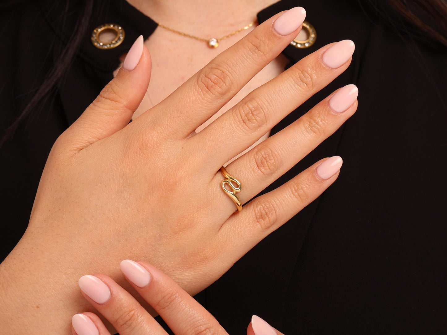 14K Real Gold Linked Band Ring – Minimalist Open Twist Design, Delicate Gold Ring for Daily Wear or Stackable Jewelry Gift Idea
