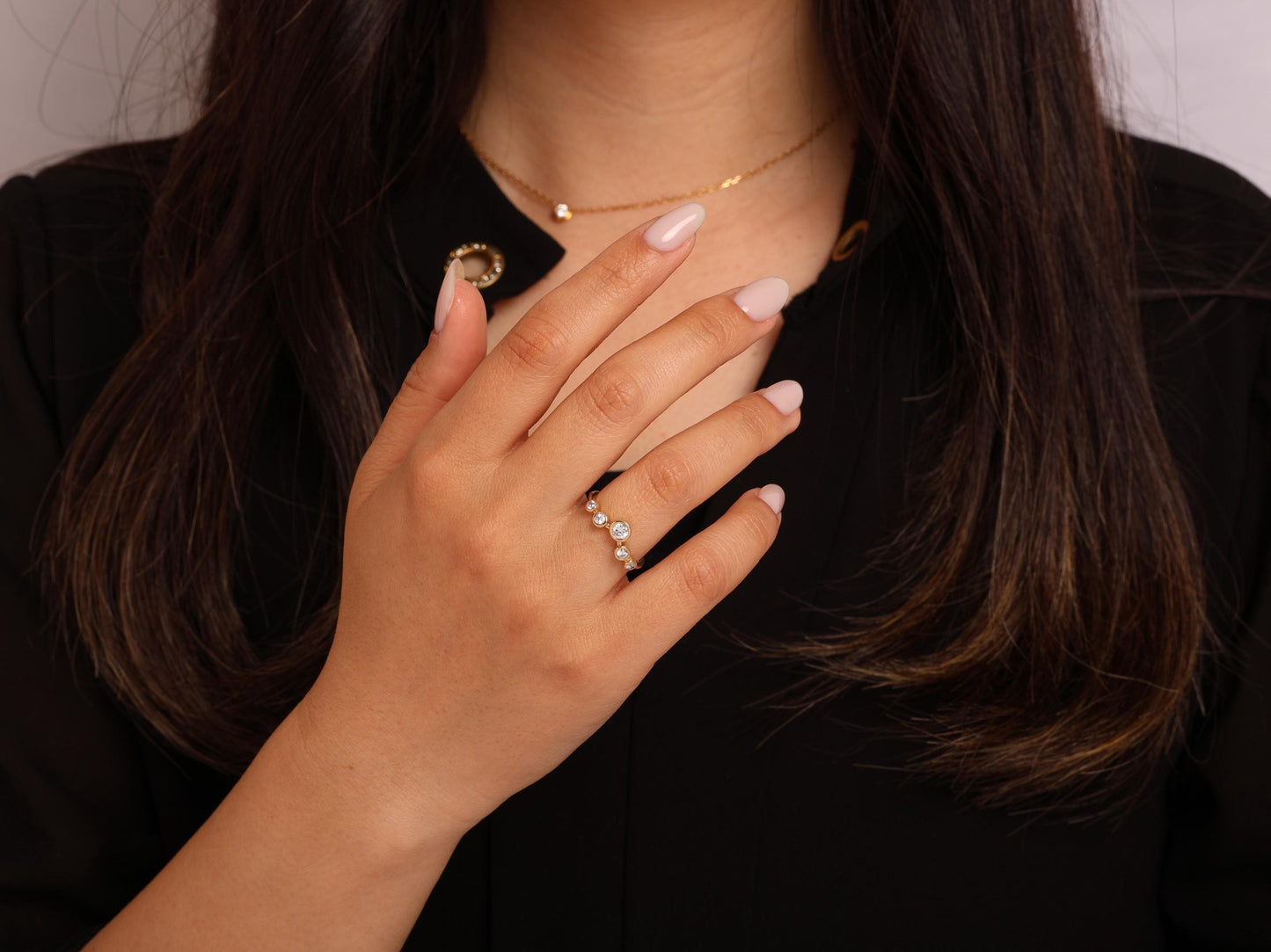 14K Gold Bezel Diamond Bubble Ring – Five-Stone Lab Diamond Band, Elegant Solid Gold Stacking Ring, Minimal Modern Jewelry, Gift for Her