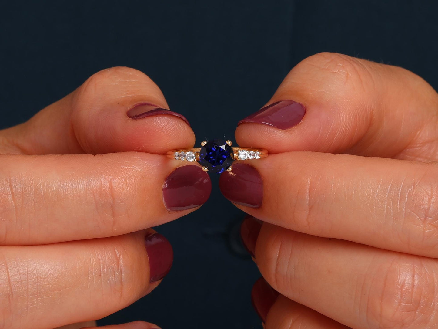Round Sapphire Engagement Ring – 14K Gold Band with Diamond Accents – Dainty Wedding Gift, Promise or Stacking Ring for Her