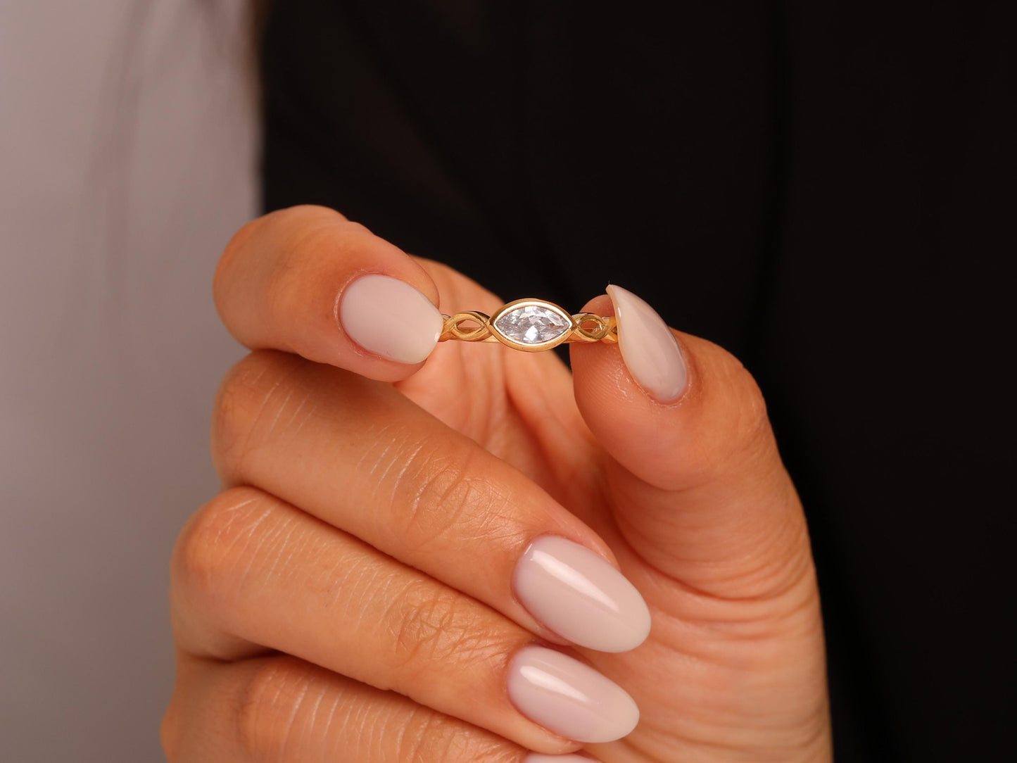 Marquise Diamond Ring in 14K Gold – Lab Grown Bezel Set Stone, Twisted Gold Band, Unique Minimalist Wedding or Stacking Ring, Gift for Her