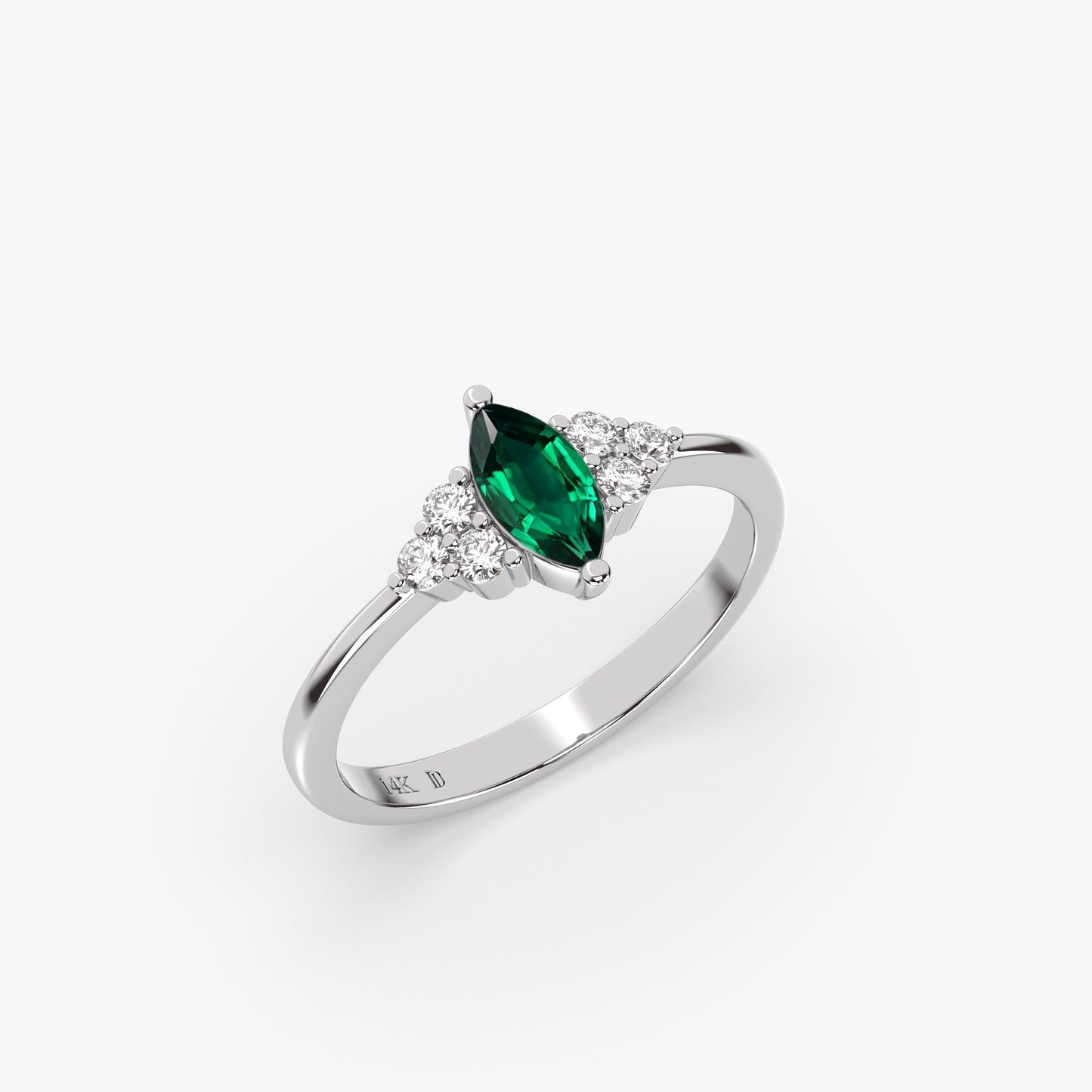 EMERALD MARQUISE RING WITH ROUND DIAMONDS IN GOLD