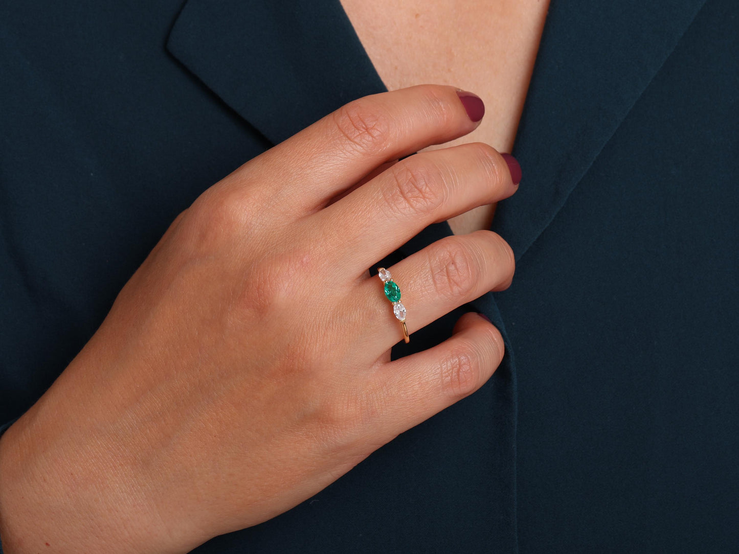 14K Gold Emerald Ring – Oval Lab-Grown Gemstone with Diamond Accents – Dainty Stacking or Promise Ring – Ruby, Sapphire, Amethyst