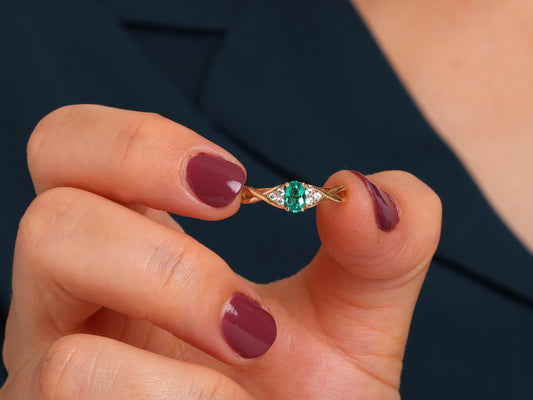 14K Gold Emerald Ring – Oval Lab-Grown Gemstone with Diamond Accents – Twisted Band Fine Jewelry – Ruby, Sapphire, Amethyst Ring
