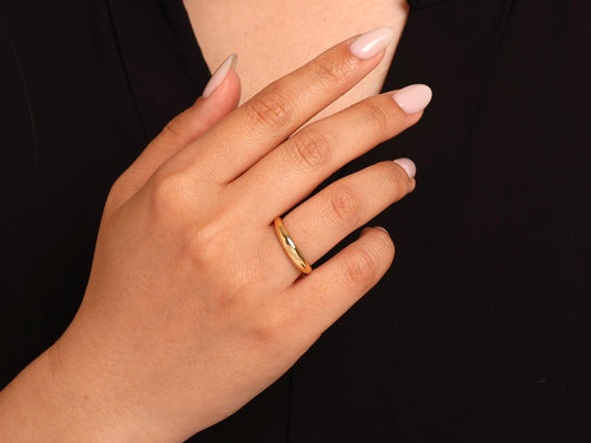 14K Gold Dome Ring – Thin Polished Gold Band for Women – Minimalist Solid Gold Stacking Ring slim - Rounded Gold Ring