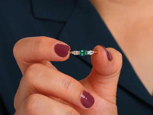 14K Gold Emerald Ring – Oval Lab-Grown Gemstone with Diamond Accents – Dainty Stacking or Promise Ring – Ruby, Sapphire, Amethyst