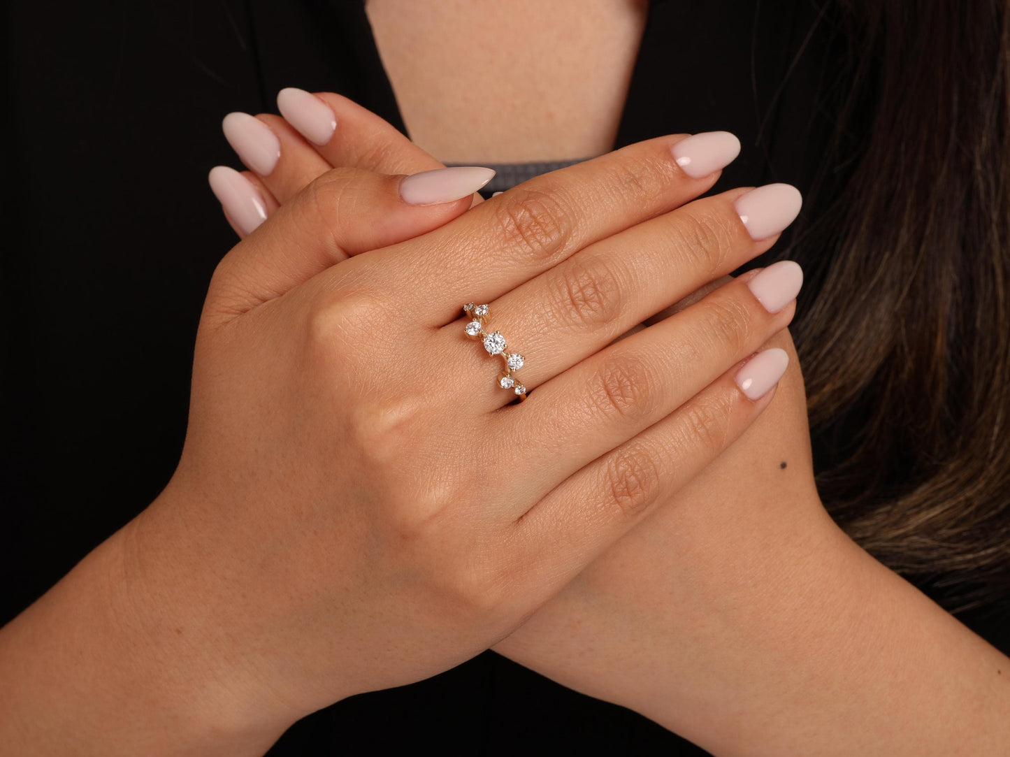 Diamond Cluster Ring in 14K Gold – Lab Grown Round Stones in Nature-Inspired Design, Dainty Stacking Ring or Elegant Minimalist Gift for Her