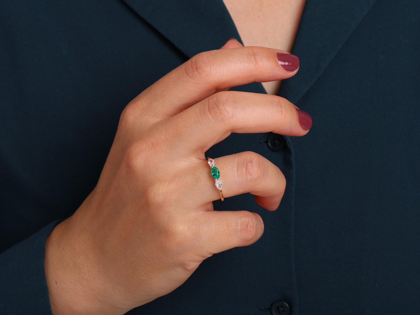 14K Gold Emerald Ring – Oval Lab-Grown Gemstone with Diamond Accents – Dainty Stacking or Promise Ring – Ruby, Sapphire, Amethyst