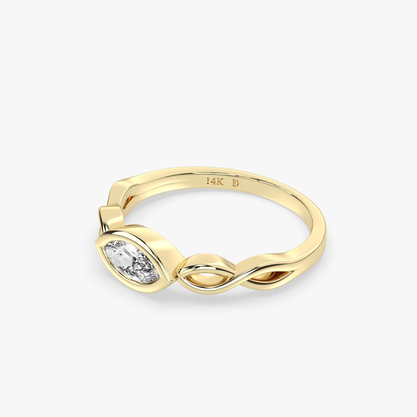 Marquise Diamond Ring in 14K Gold – Lab Grown Bezel Set Stone, Twisted Gold Band, Unique Minimalist Wedding or Stacking Ring, Gift for Her
