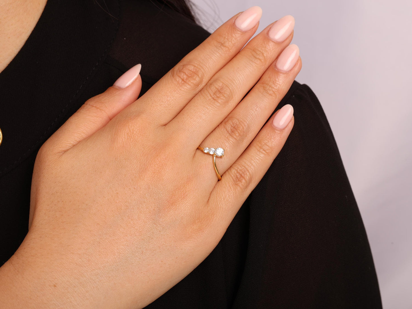 14K Gold Three Stone Diamond Ring – Dainty Solid Gold Band with Round Lab Grown Diamonds, Minimalist Stacking Ring for Women