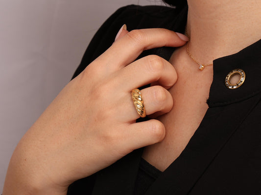 14K Gold Bold Dome Ring with Swirl Texture – Sculptural Statement Band for Everyday Chic, Cocktail Style, or Elegant Stacking Ring Look