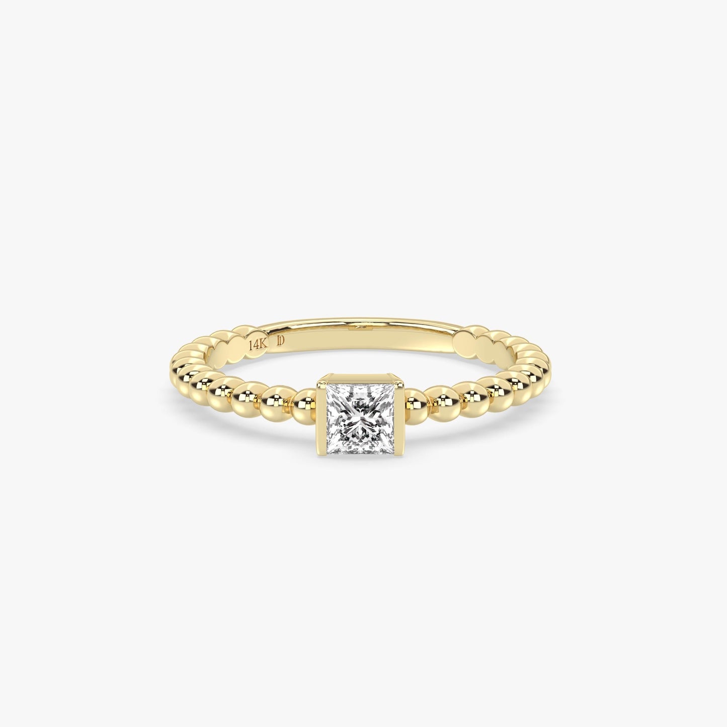 14K Gold Princess Cut Beaded Ring – Modern Minimal Band with Square Lab Diamond in Bezel Setting, Stylish Solid Gold Stacking Piece