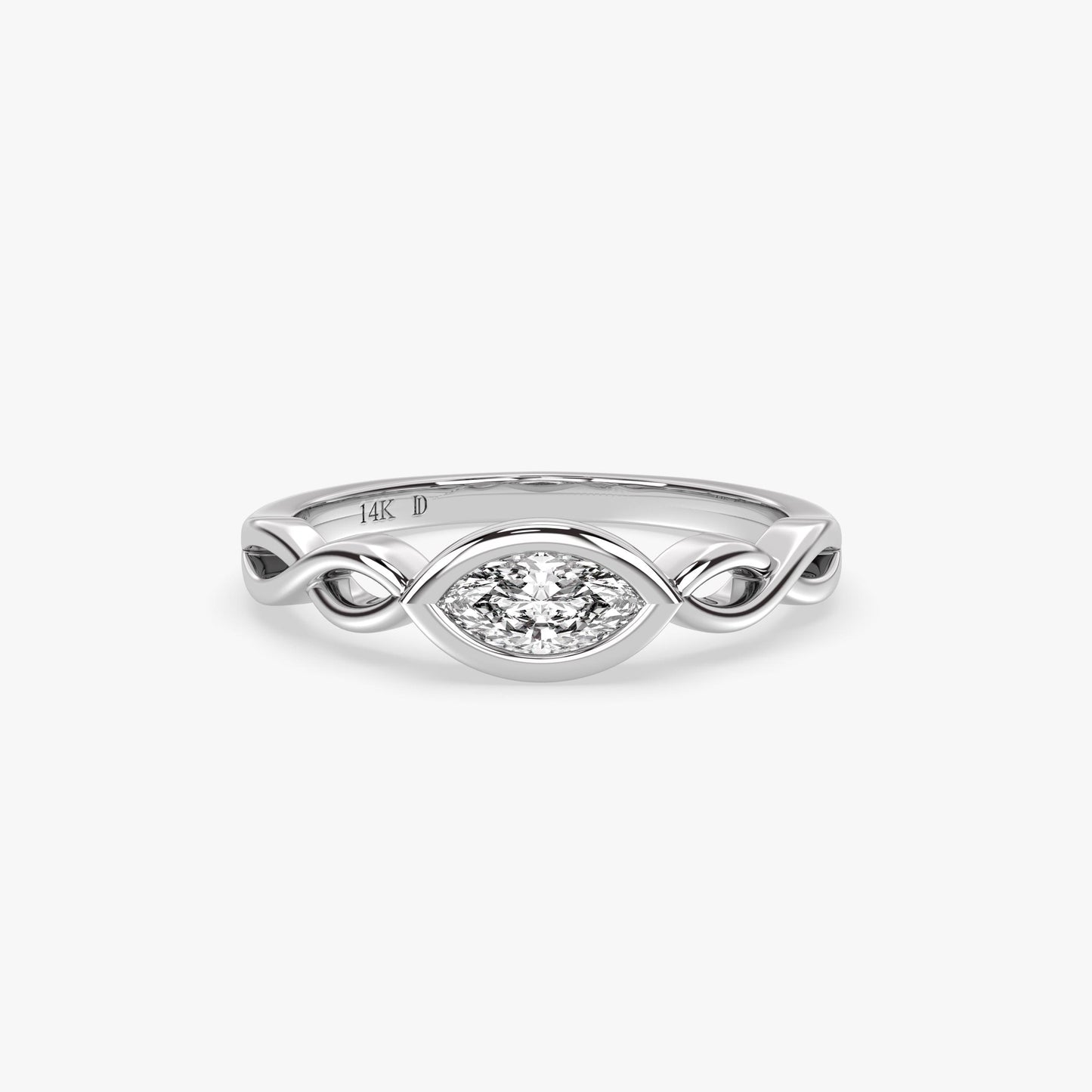 Marquise Diamond Ring in 14K Gold – Lab Grown Bezel Set Stone, Twisted Gold Band, Unique Minimalist Wedding or Stacking Ring, Gift for Her