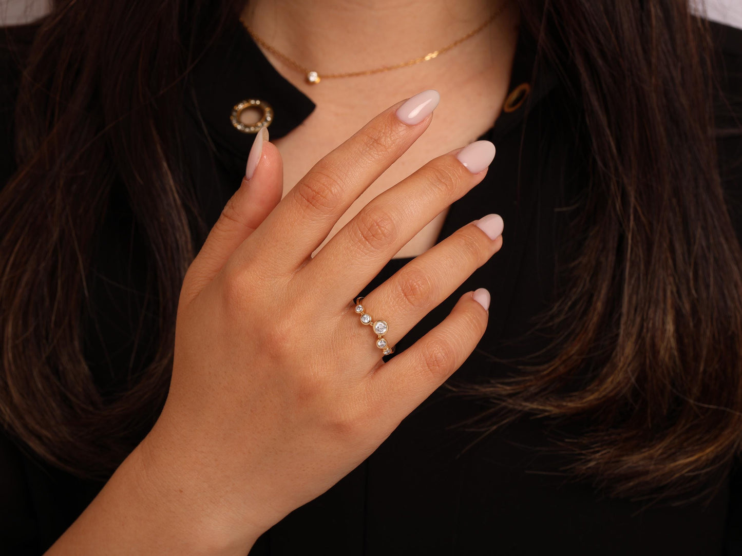 14K Gold Bezel Diamond Bubble Ring – Five-Stone Lab Diamond Band, Elegant Solid Gold Stacking Ring, Minimal Modern Jewelry, Gift for Her